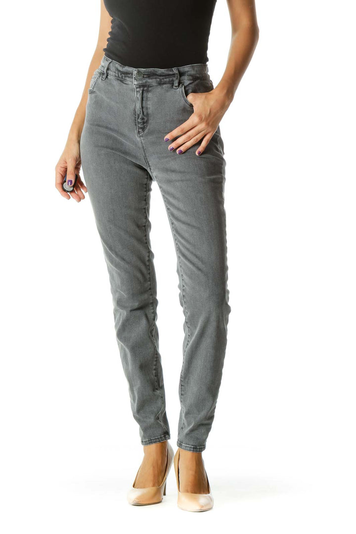 Gray Slim Fit Stretch High Rise Pants