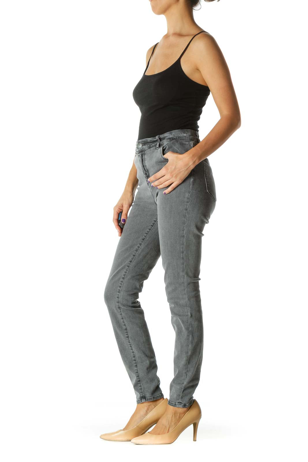 Gray Slim Fit Stretch High Rise Pants