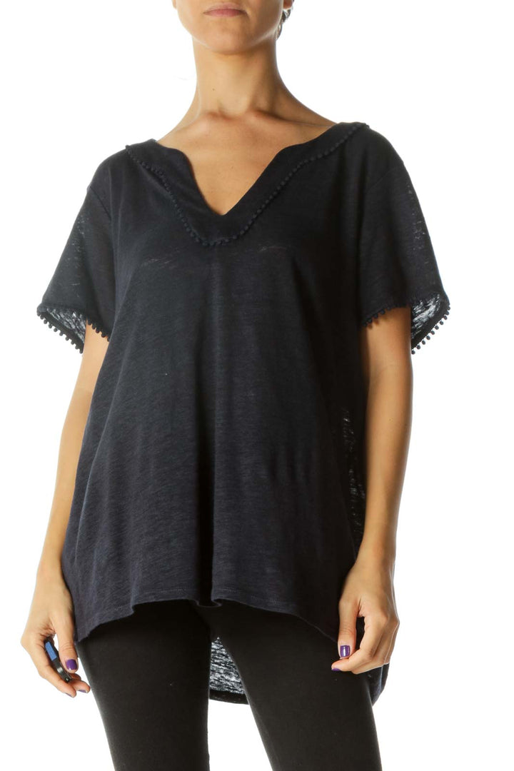 Navy Blue V-Neck Embroidered Detail Short Sleeve Knit Top