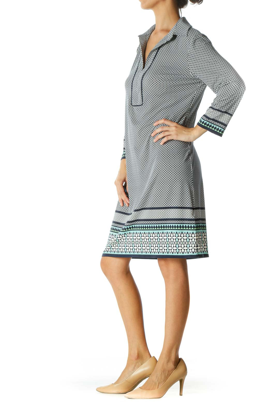 White and Navy Geometric Patterned Shift Dress