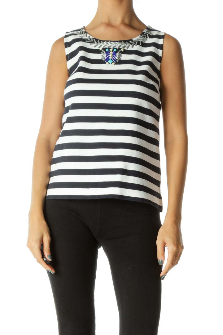 Blue Cream Striped Bejeweled Neckline Knit Tank Top