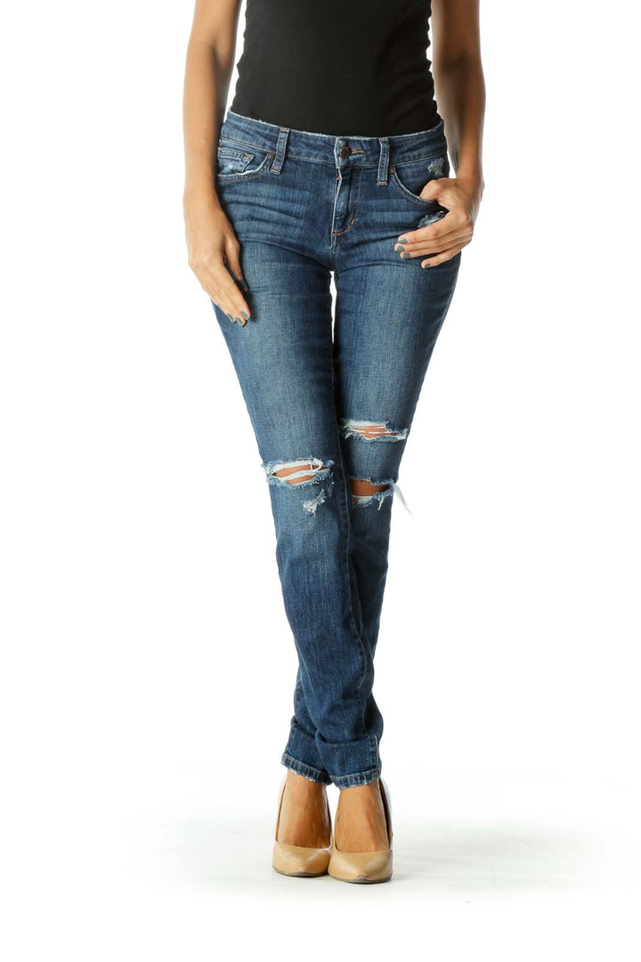 Blue Medium Wash Distressed Skinny Stretch Denim Jeans