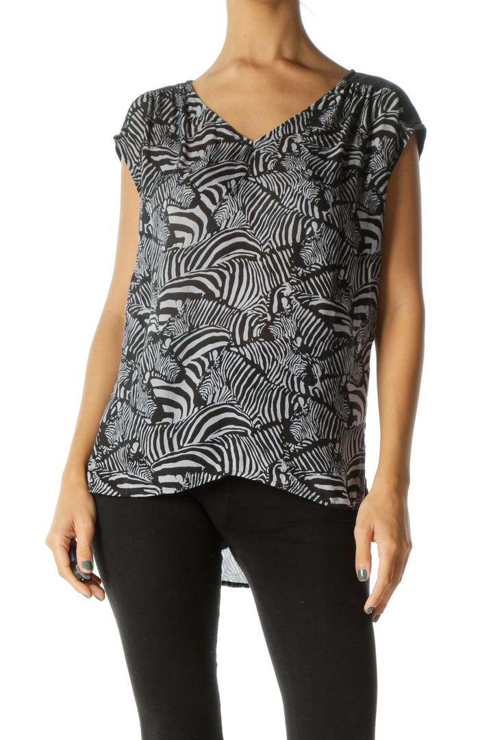 Faded Black Gray 100% Silk Print V-Neck Light Knit Top