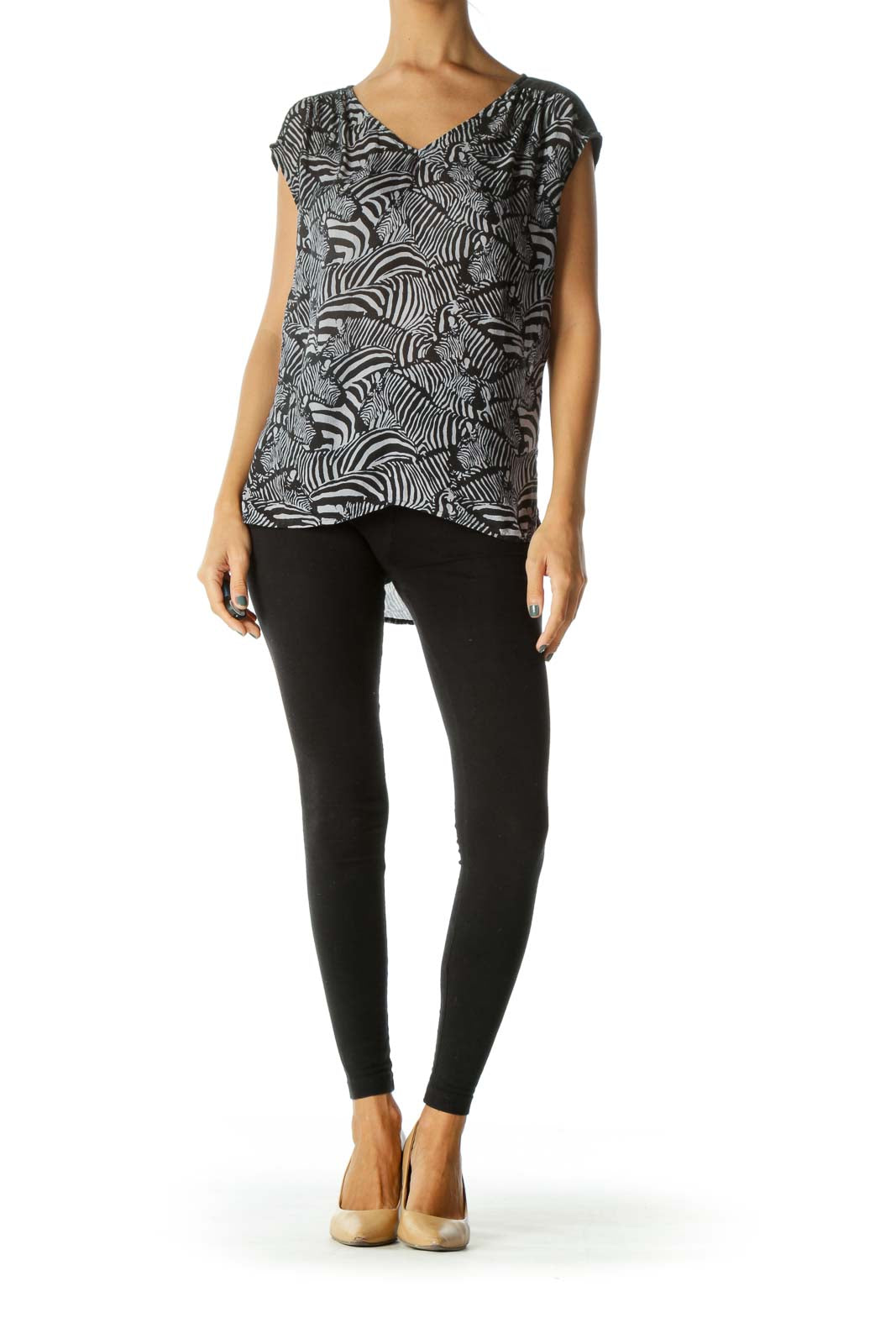 Faded Black Gray 100% Silk Print V-Neck Light Knit Top