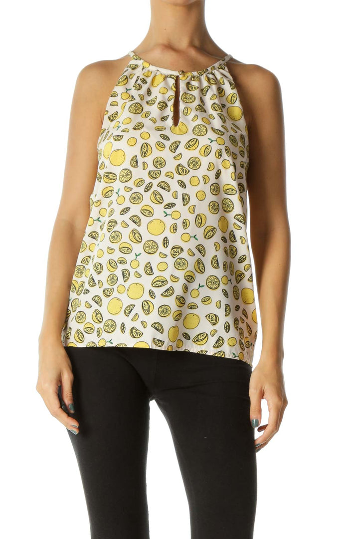 Beige Yellow Green Lemons Print Keyhole Top