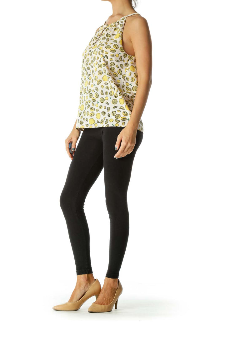 Beige Yellow Green Lemons Print Keyhole Top