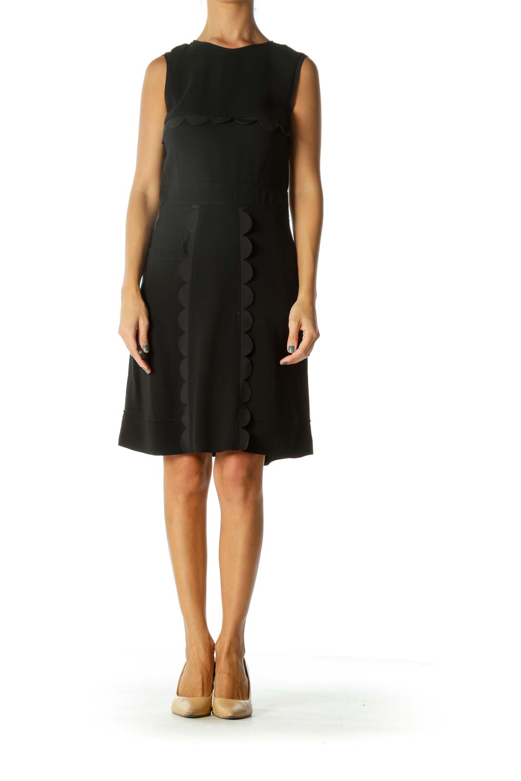 Black Silk Blend Designer Scalloped Detail Cocktail Dress