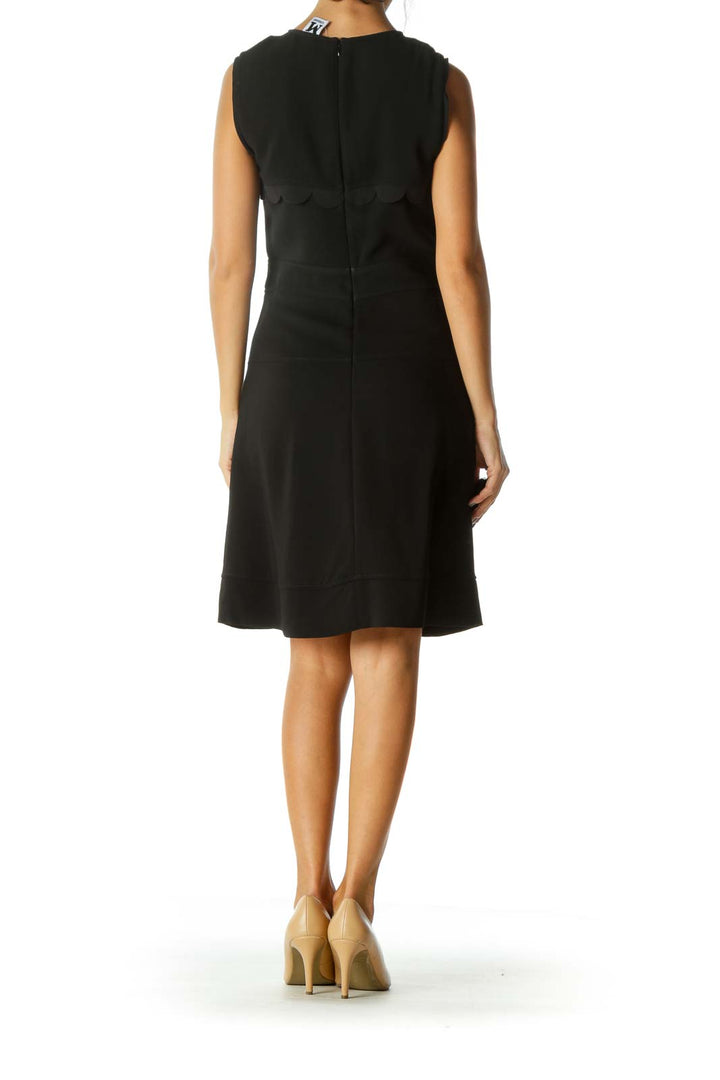 Black Silk Blend Designer Scalloped Detail Cocktail Dress