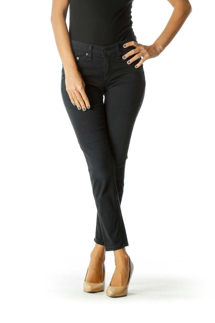 Dark Blue Soft Front Faux-Pockets Slim Stretch Pants