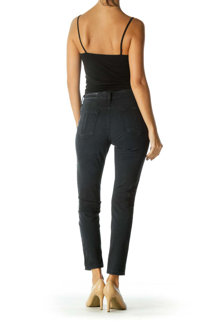 Dark Blue Soft Front Faux-Pockets Slim Stretch Pants