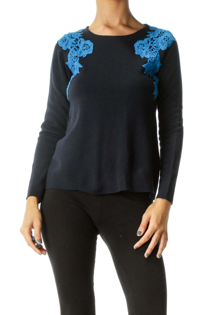 Light and Navy Blue Round Neck Lace Knit Applique Sweater