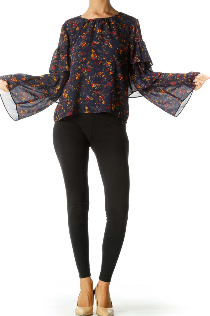 Blue Yellow Red Floral Print Flared Sleeves Long Sleeve Top