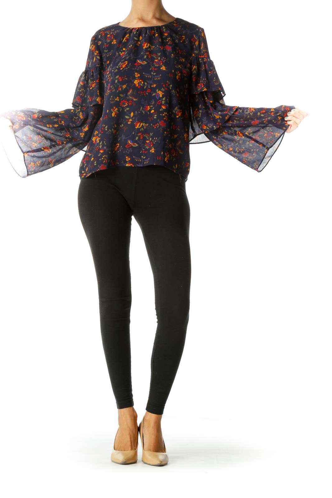 Blue Yellow Red Floral Print Flared Sleeves Long Sleeve Top