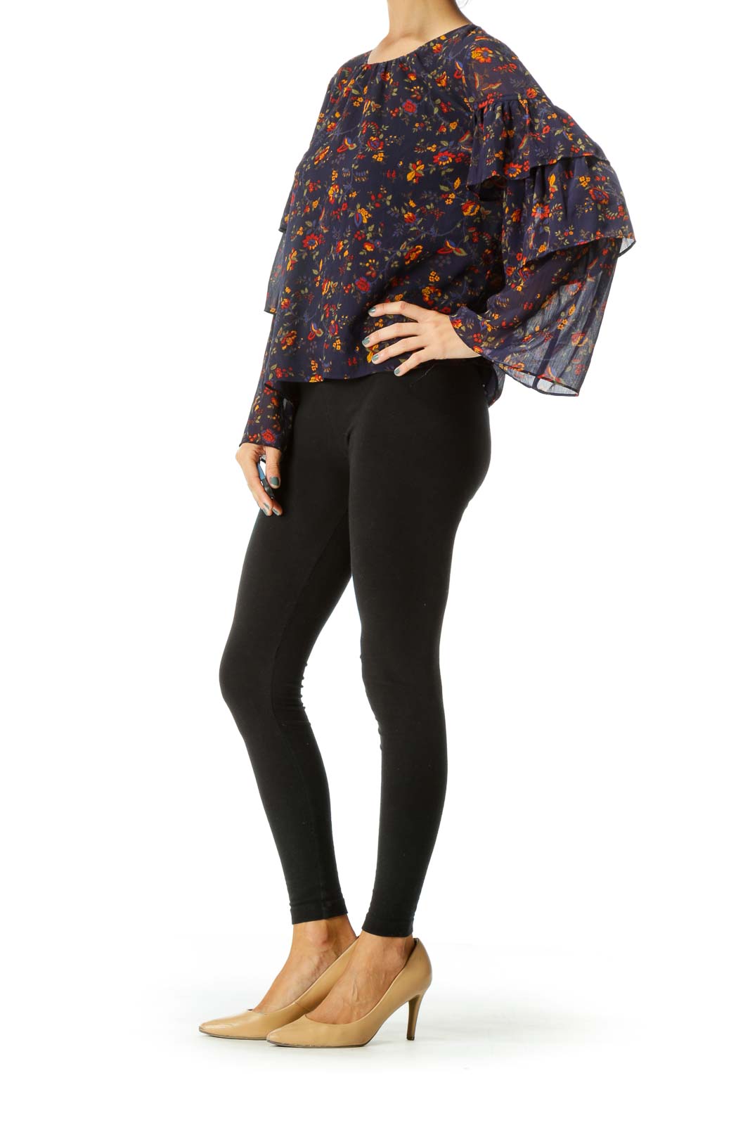 Blue Yellow Red Floral Print Flared Sleeves Long Sleeve Top