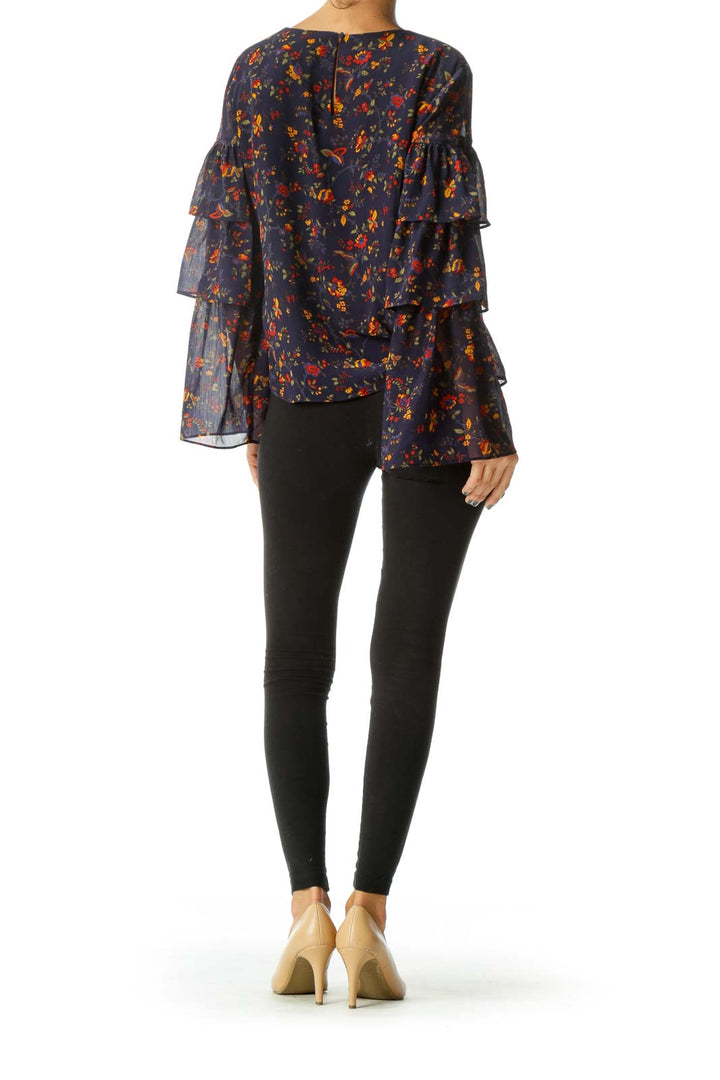 Blue Yellow Red Floral Print Flared Sleeves Long Sleeve Top