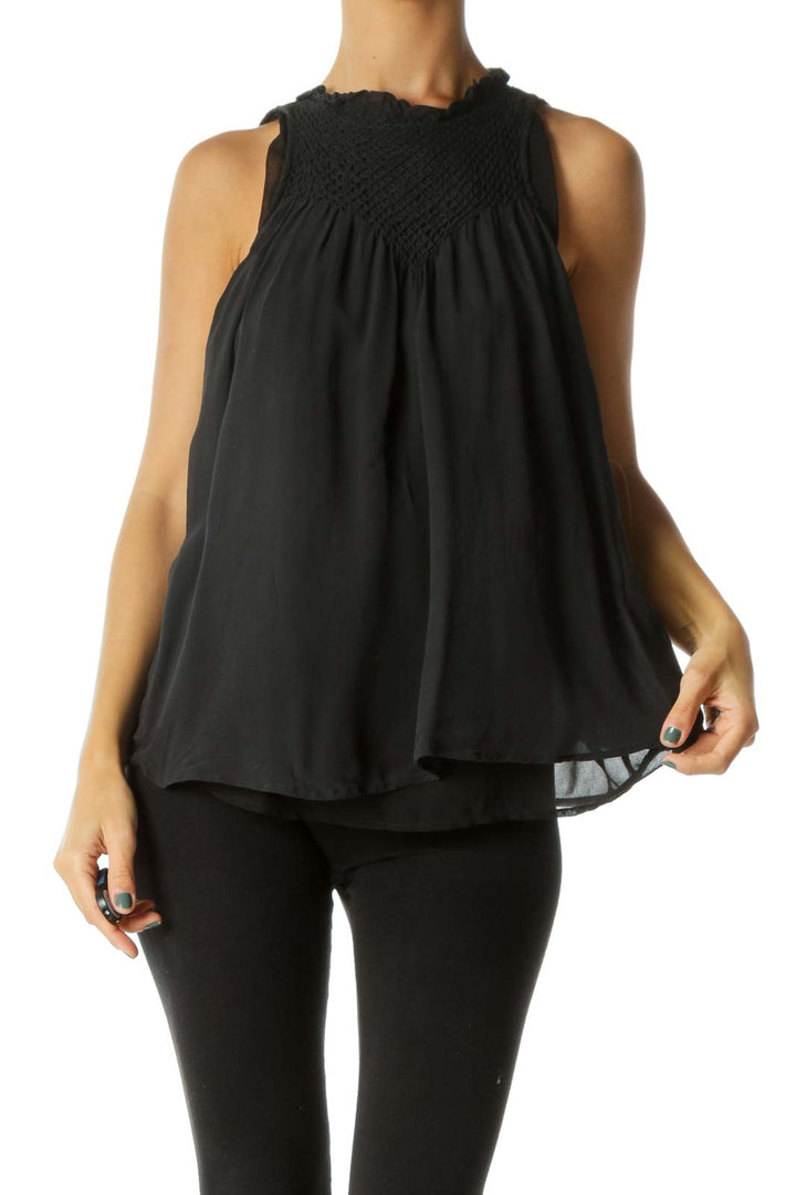 Faded Black Frontal Knit Ruffle Detail Keyhole Back Flared Tank Top