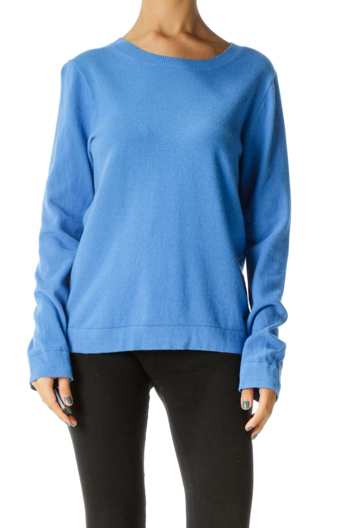 Blue Cotton Wool Blend Round Neck Pull-On Sweater