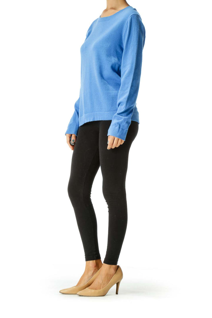 Blue Cotton Wool Blend Round Neck Pull-On Sweater