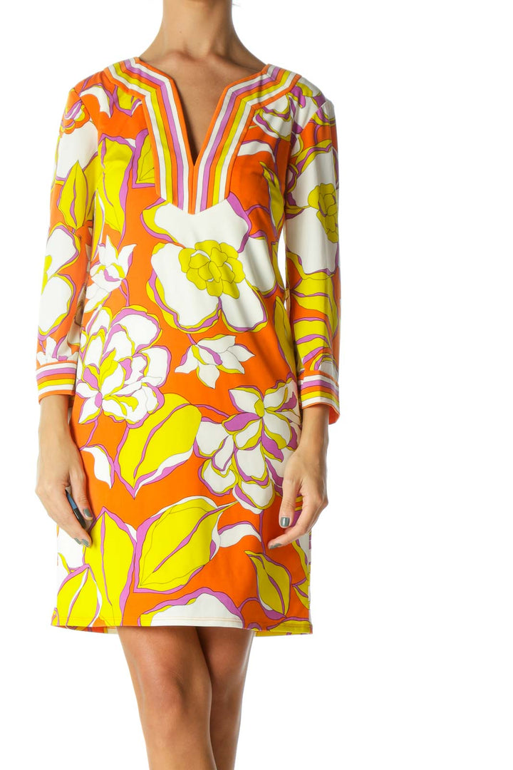 Purple Cream Yellow Orange V-Neck Floral Print Stretch Dress