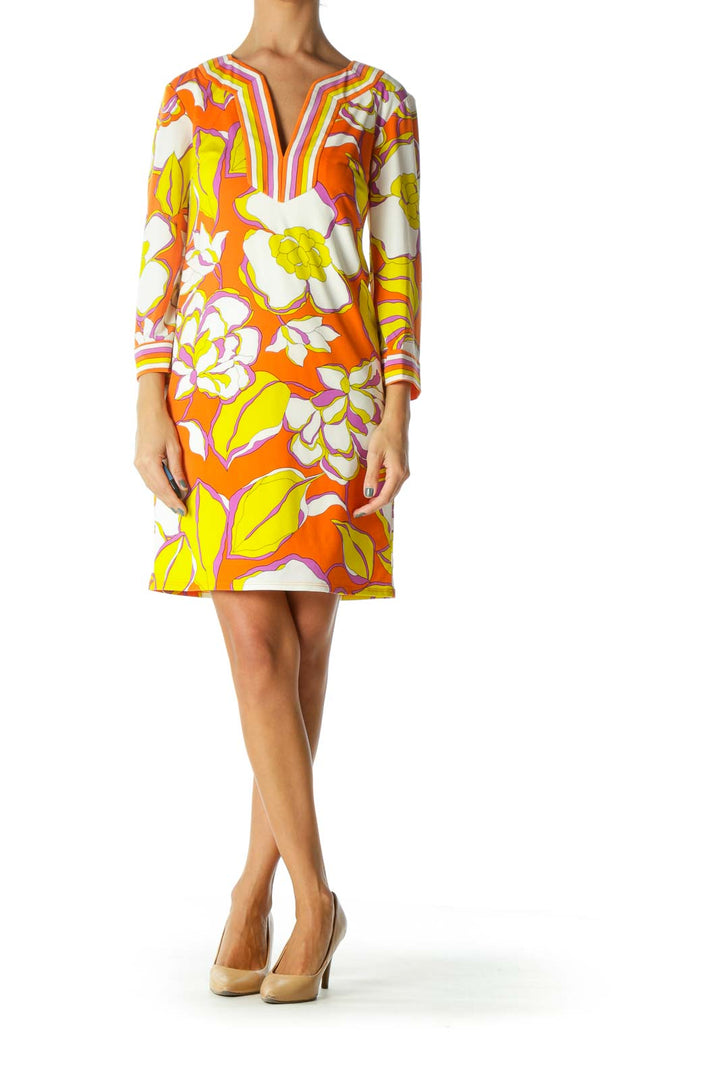 Purple Cream Yellow Orange V-Neck Floral Print Stretch Dress