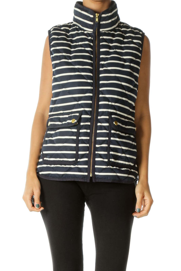 Cream Navy Blue Gold Hardware Pocketed Down Vest