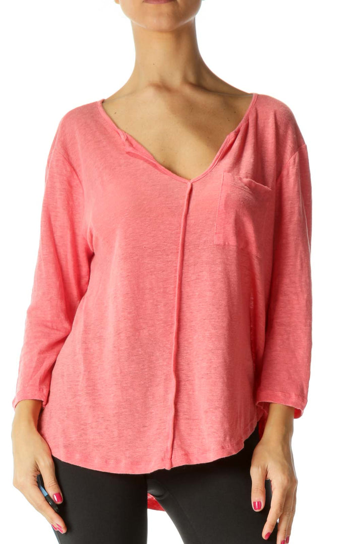 Pink V-Neck Breast Pocket 3/4 Sleeve Knit Top