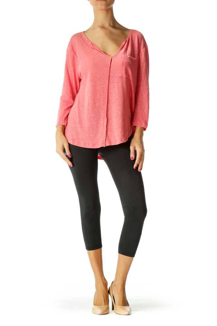 Pink V-Neck Breast Pocket 3/4 Sleeve Knit Top