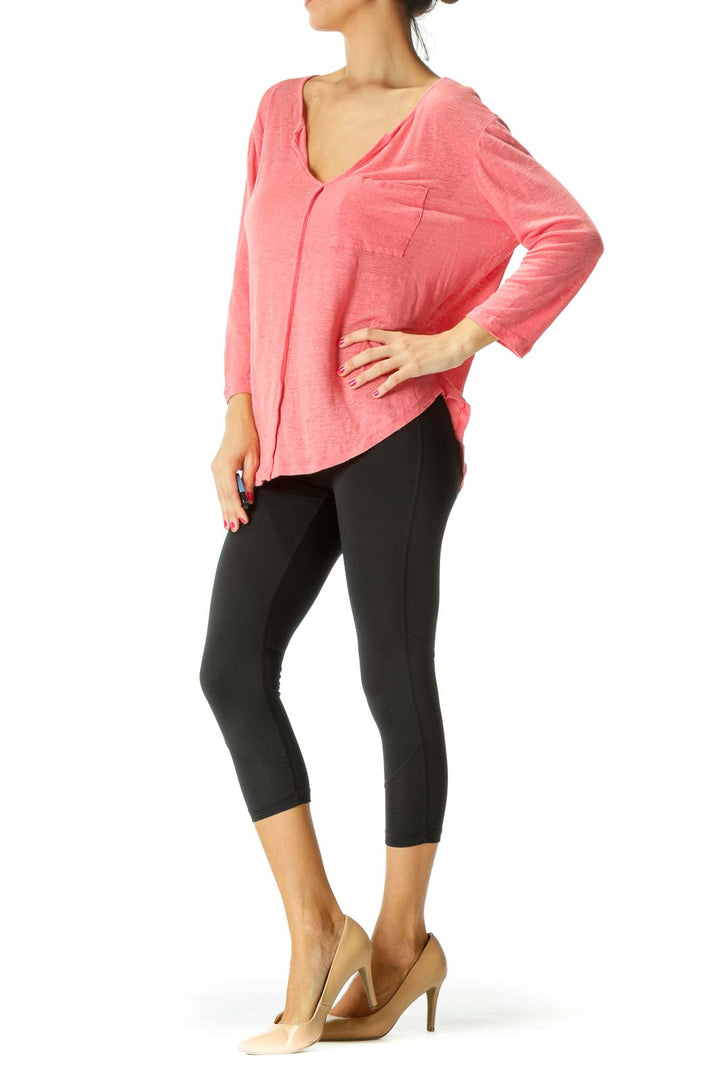 Pink V-Neck Breast Pocket 3/4 Sleeve Knit Top