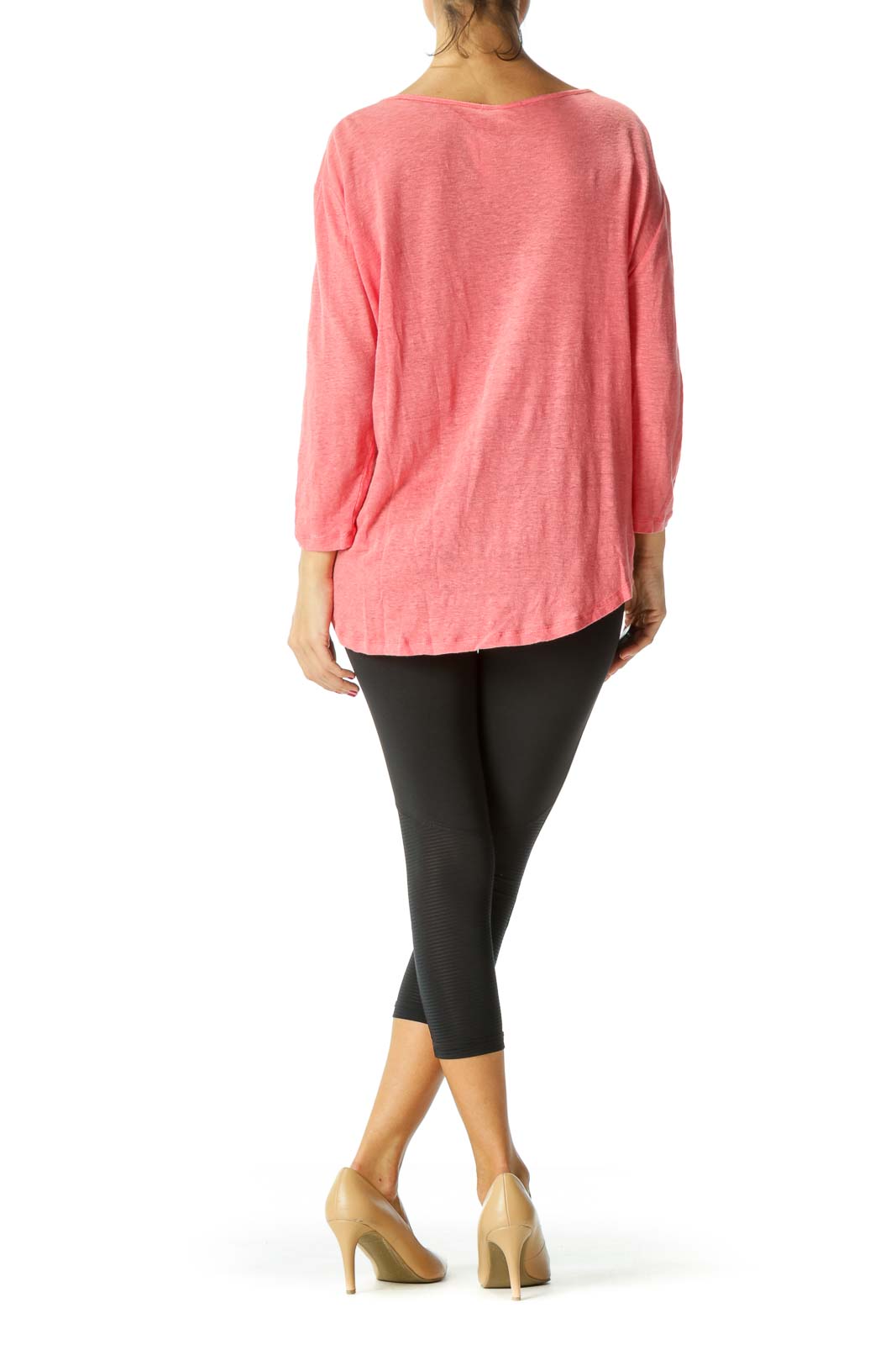 Pink V-Neck Breast Pocket 3/4 Sleeve Knit Top