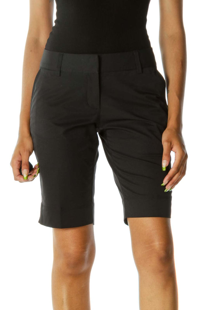 Black Pocketed Stretch Belt-Hoops Active Bermuda Shorts