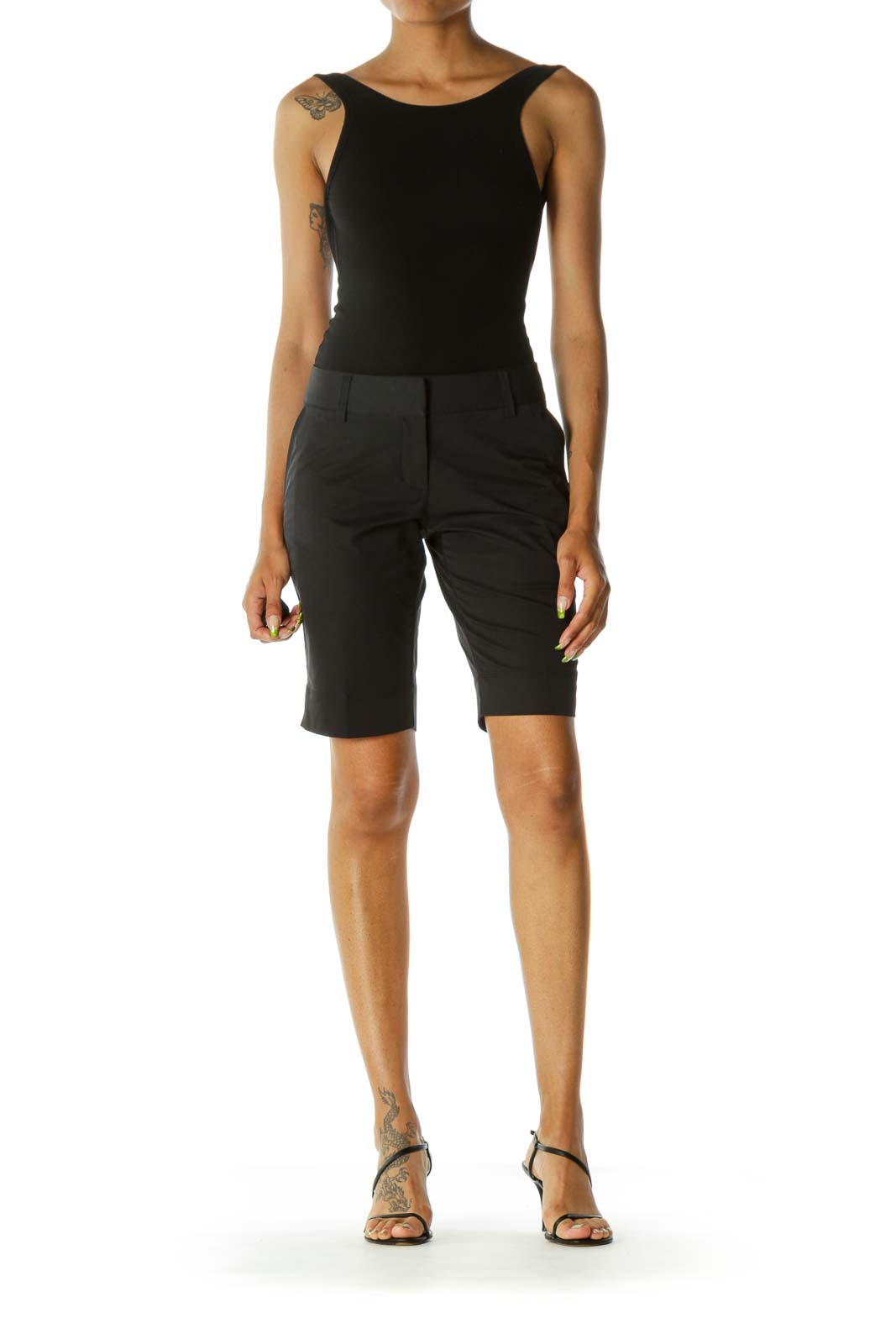 Black Pocketed Stretch Belt-Hoops Active Bermuda Shorts