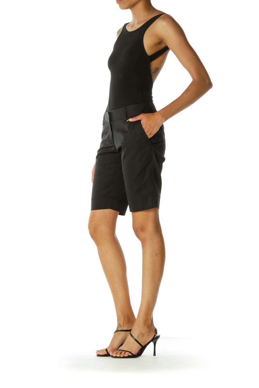 Black Pocketed Stretch Belt-Hoops Active Bermuda Shorts