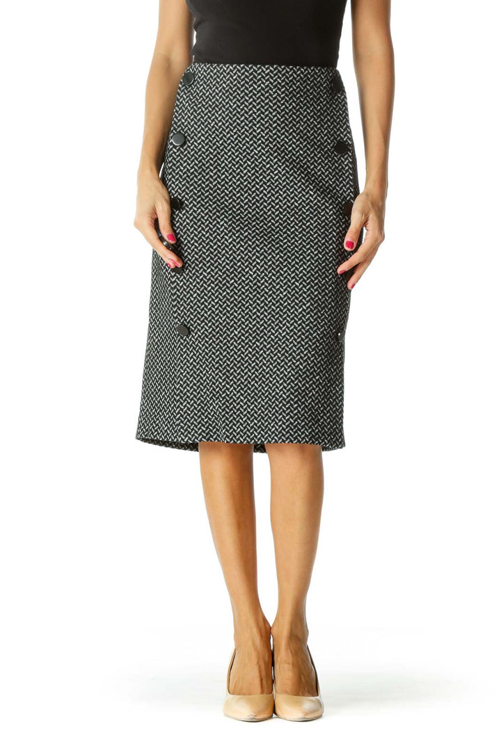 Black White Buttoned Zippered Textured Midi Skirt