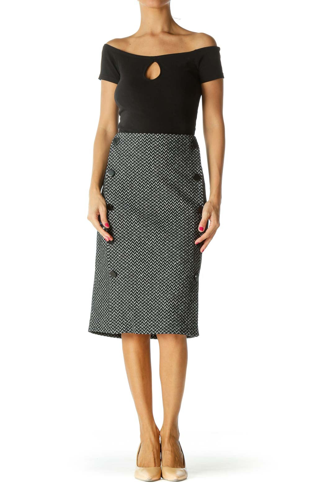 Black White Buttoned Zippered Textured Midi Skirt