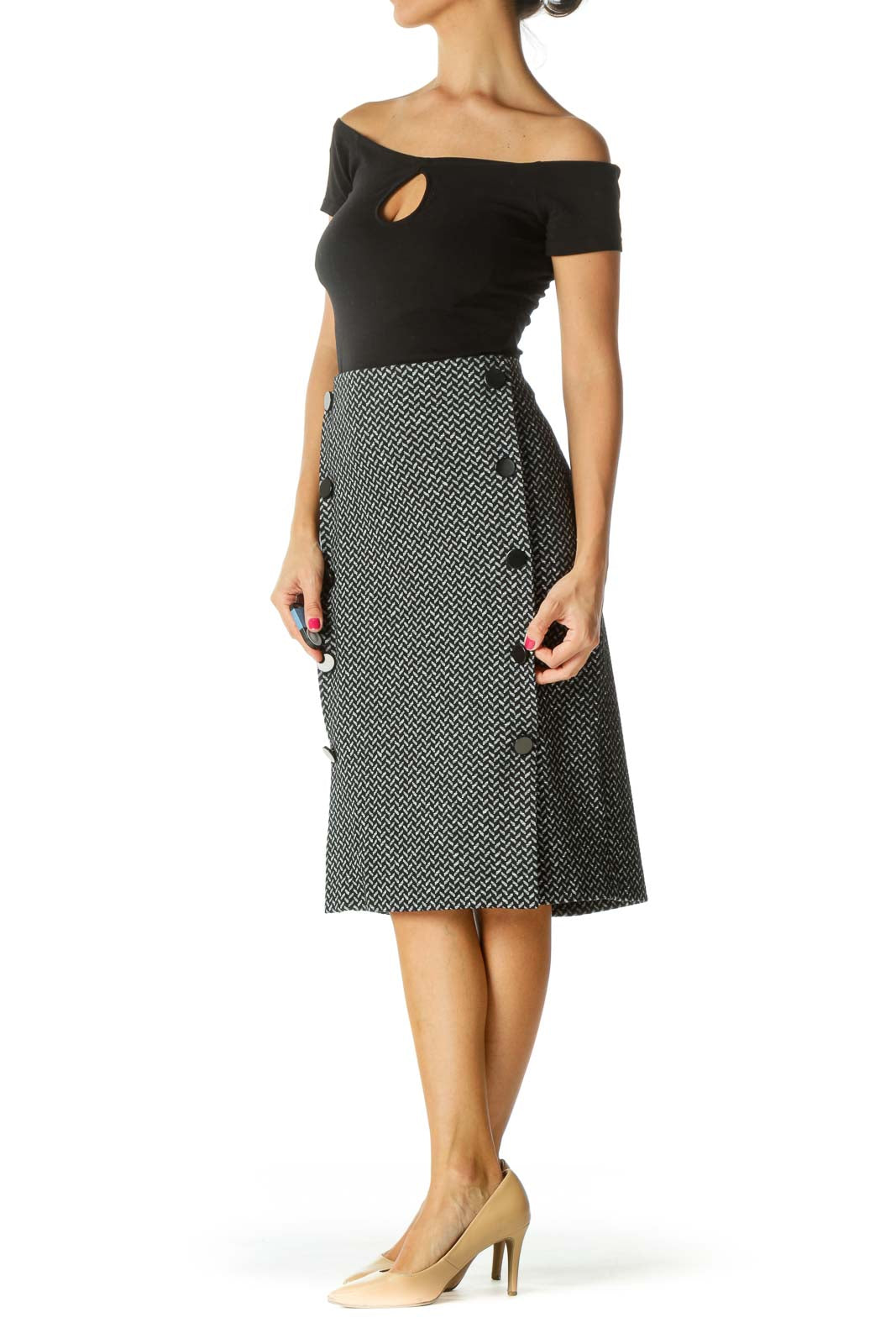 Black White Buttoned Zippered Textured Midi Skirt