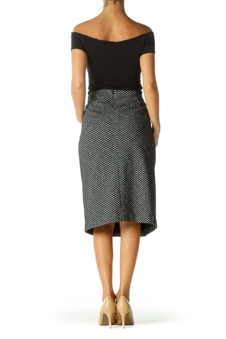 Black White Buttoned Zippered Textured Midi Skirt