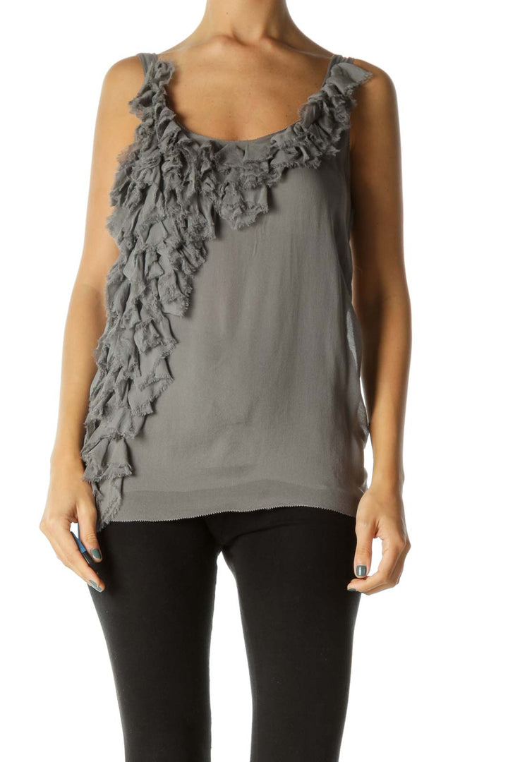 Gray 100% Silk Ruffled Round Neck Tank Top