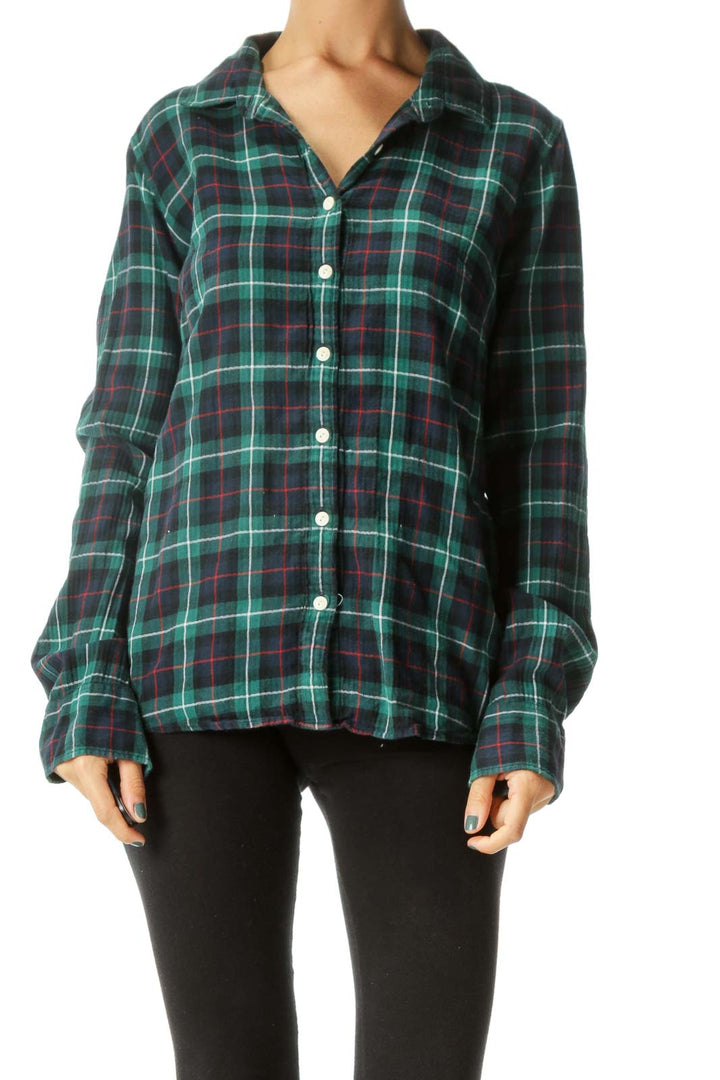 Blue Green Red Plaid Buttoned Cotton Blend Shirt