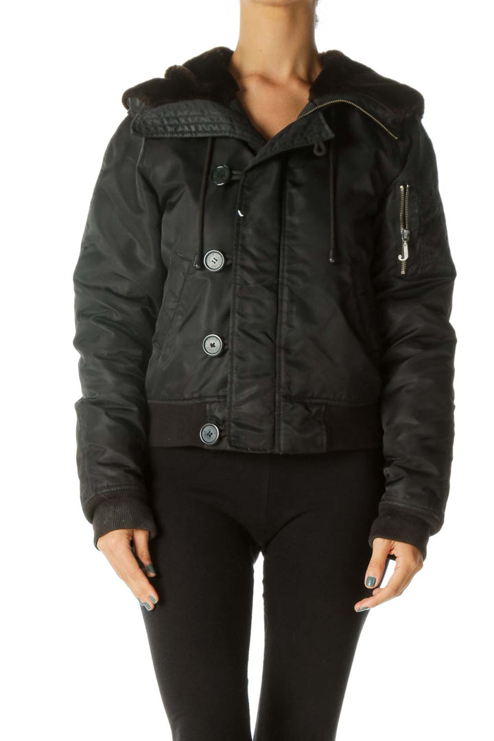 Black Convertible Hood Faux-Fur Padded Elastic Details Jacket