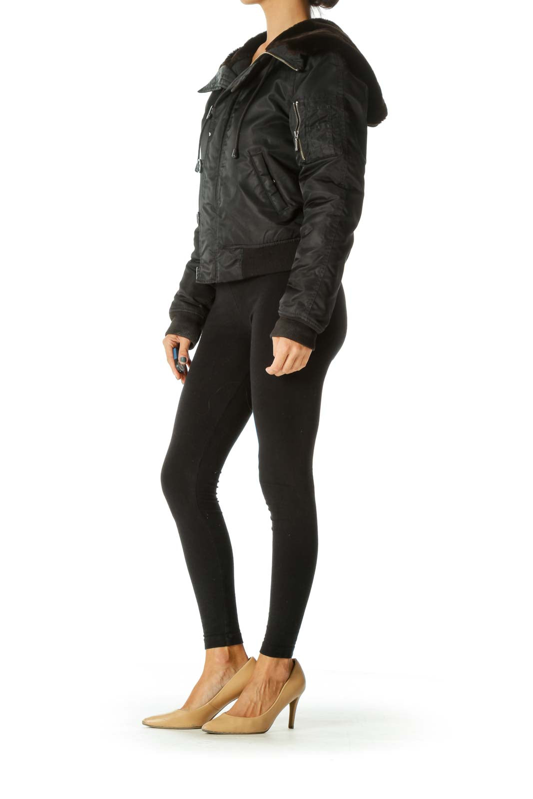 Black Convertible Hood Faux-Fur Padded Elastic Details Jacket