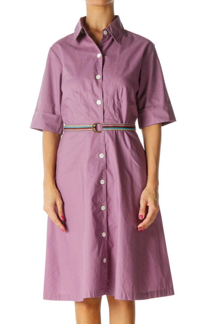 Purple Short Sleeve Button Down Shirt Dress