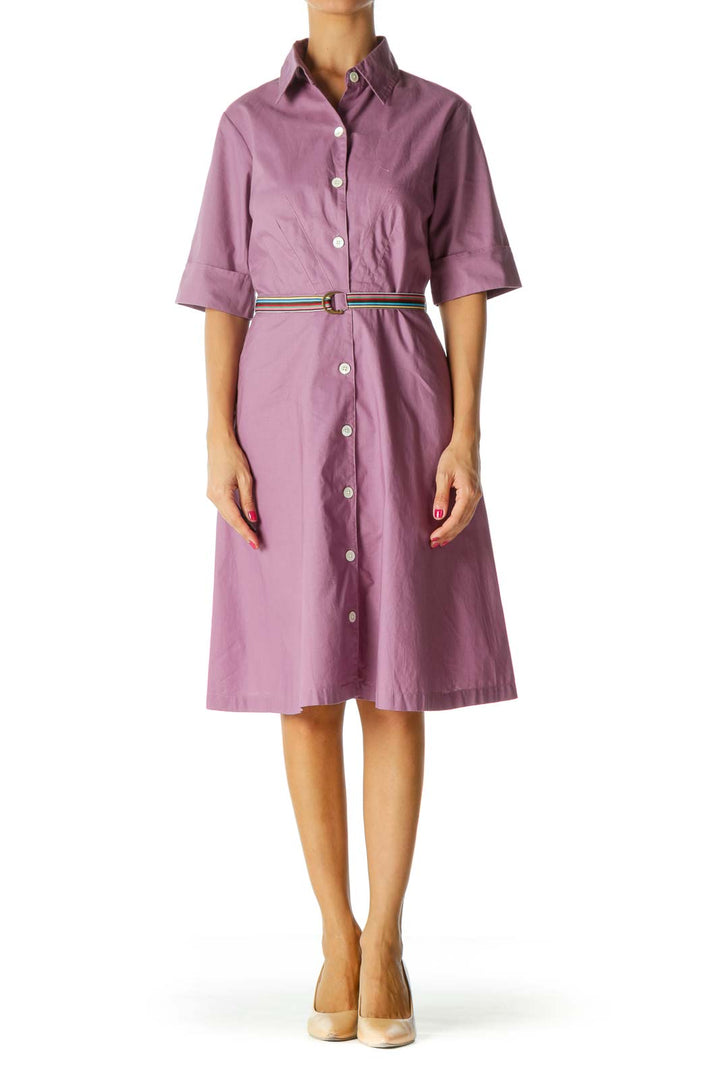 Purple Short Sleeve Button Down Shirt Dress