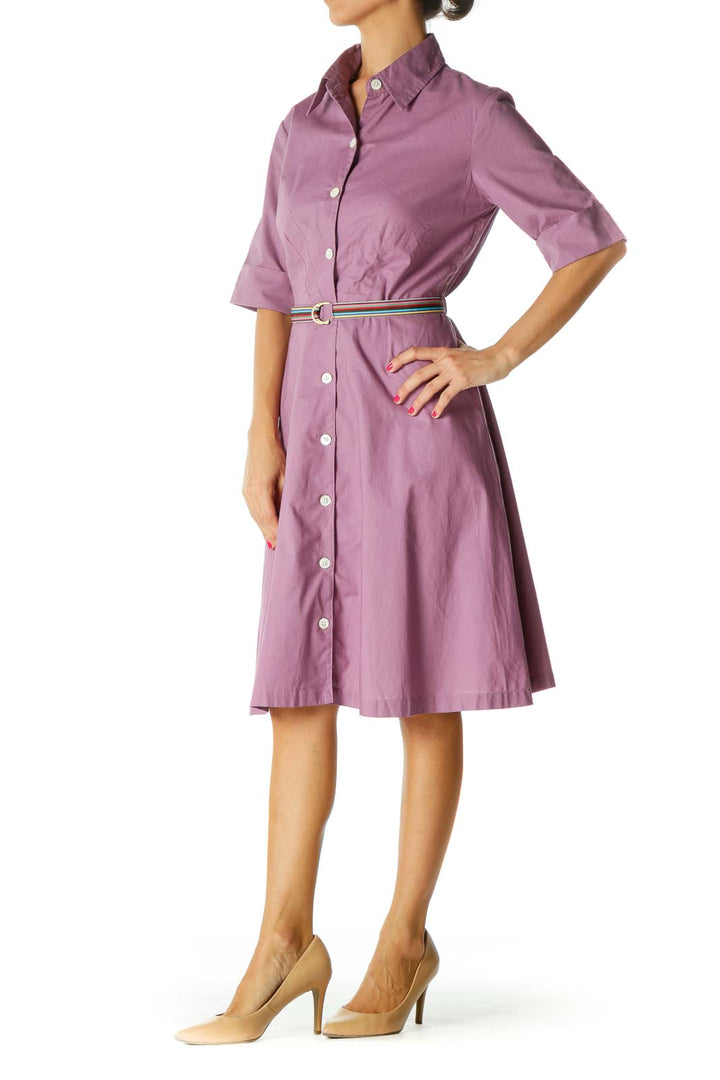 Purple Short Sleeve Button Down Shirt Dress