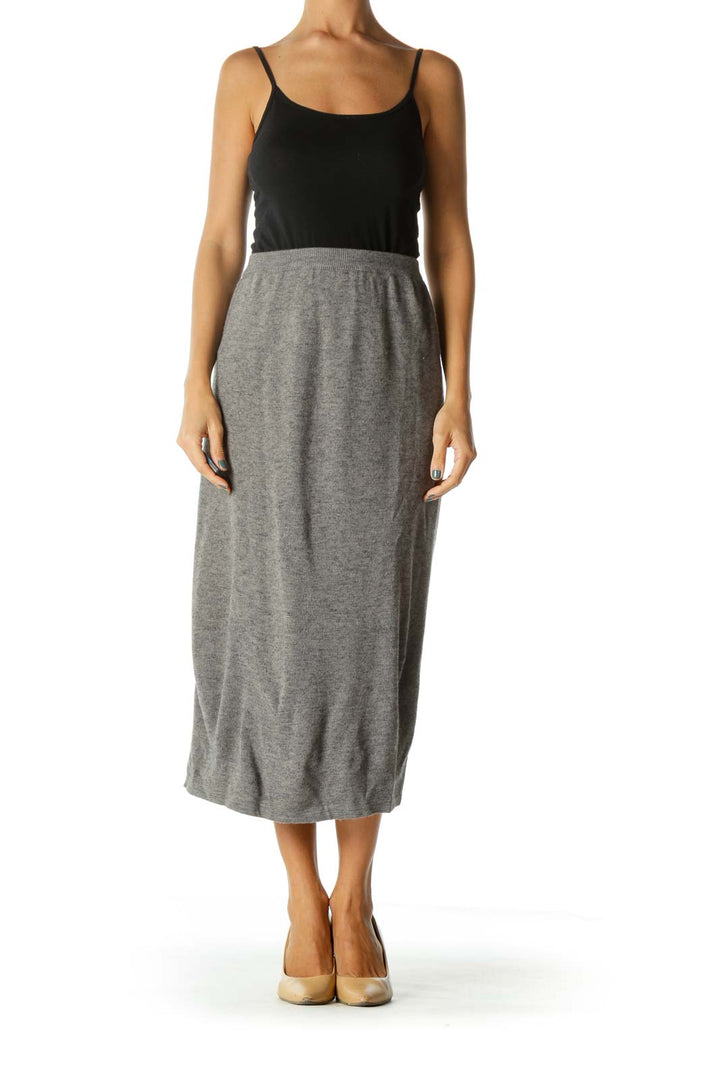 Gray Knit Elastic Band Midi Skirt