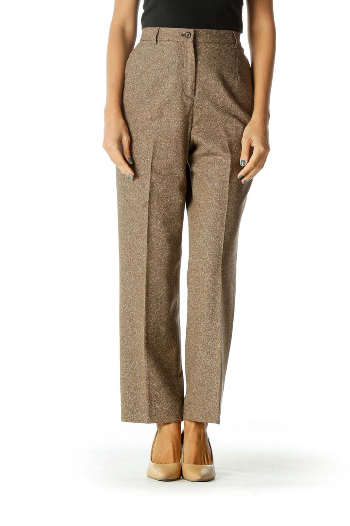 Brown Beige White Wool Silk Blend Textured Pocketed Pants