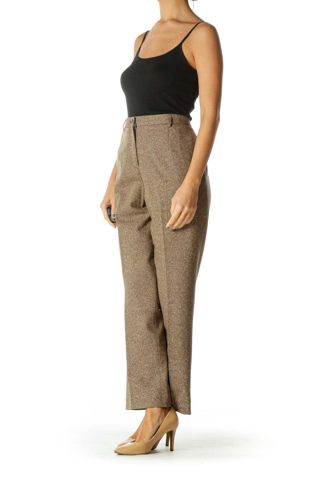 Brown Beige White Wool Silk Blend Textured Pocketed Pants