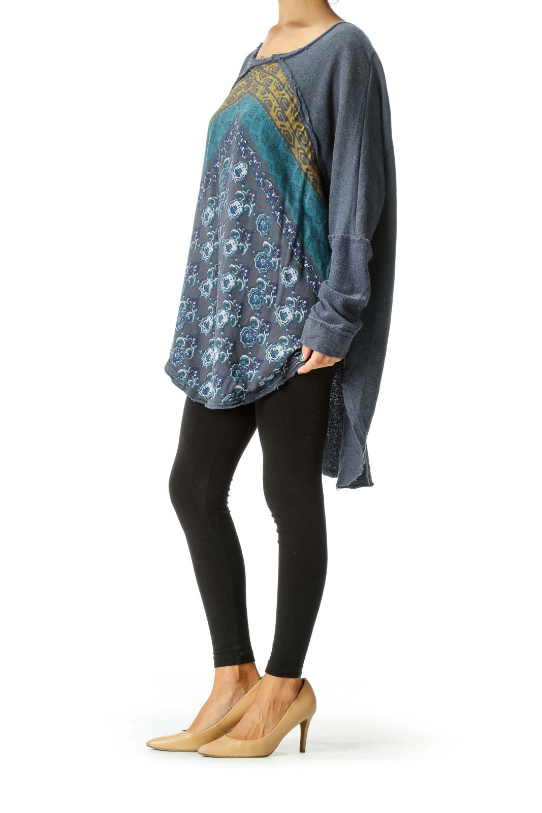 Front view of Free People blue patterned oversized knit sweater with patchwork design