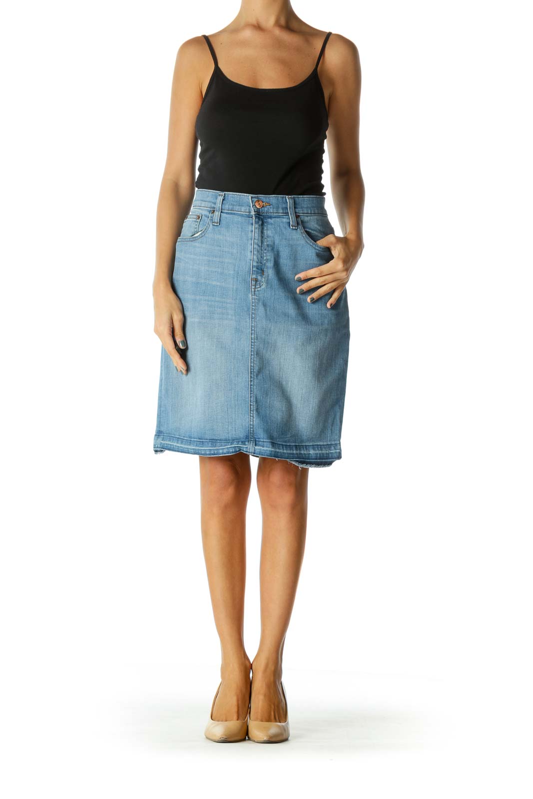 Blue Light Wash Raw Hem Mid-Length Denim Skirt