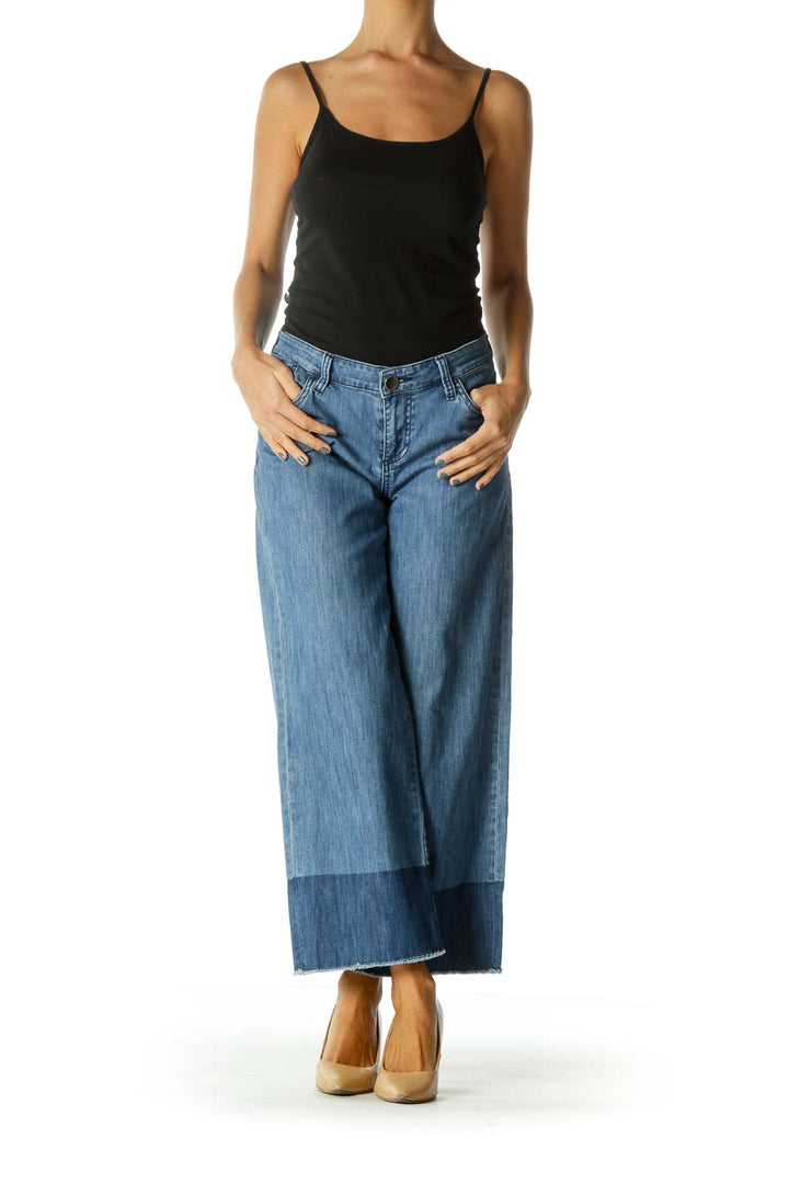 Blue Raw Hem Color Block Wide Leg Stretch Cropped Denim Pants