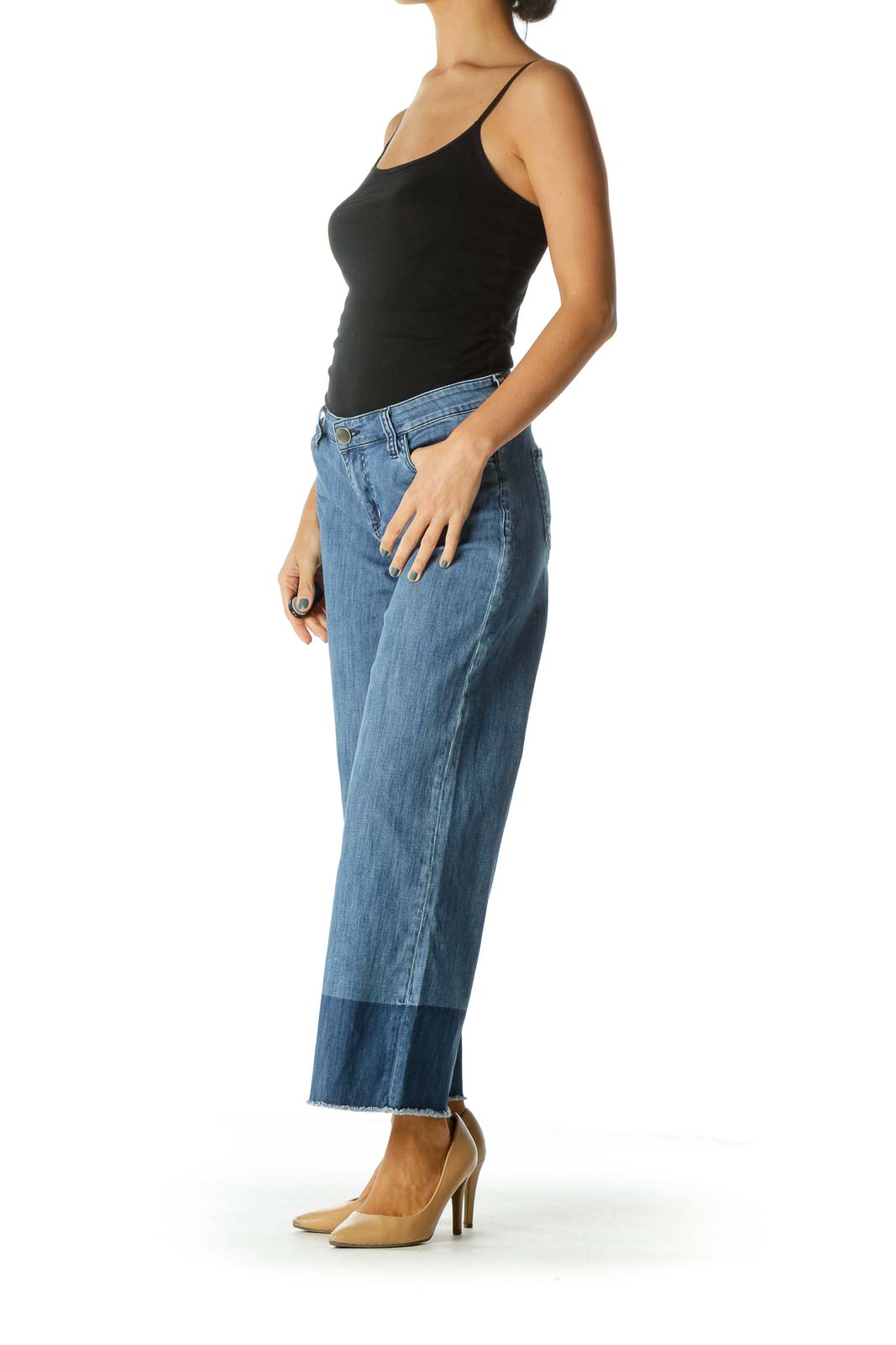 Blue Raw Hem Color Block Wide Leg Stretch Cropped Denim Pants